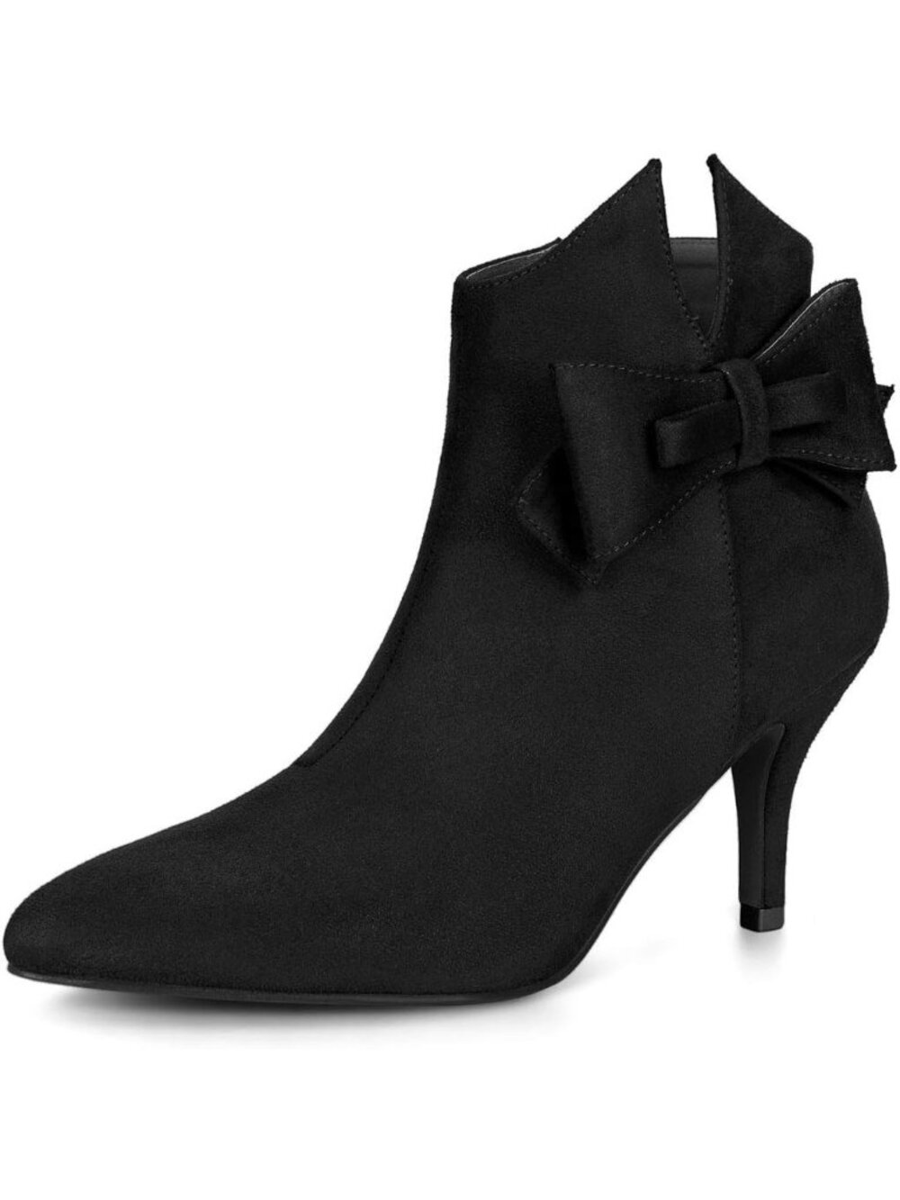 Women's Black 3-inch Heel Point Toe Bow Stiletto Heel Ankle Boots Side Zipper